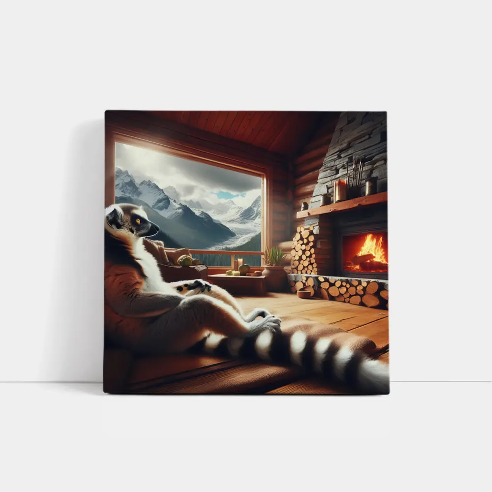 Ring Tailed Lemur Relaxing by Cabin Fireplace – Wall Art