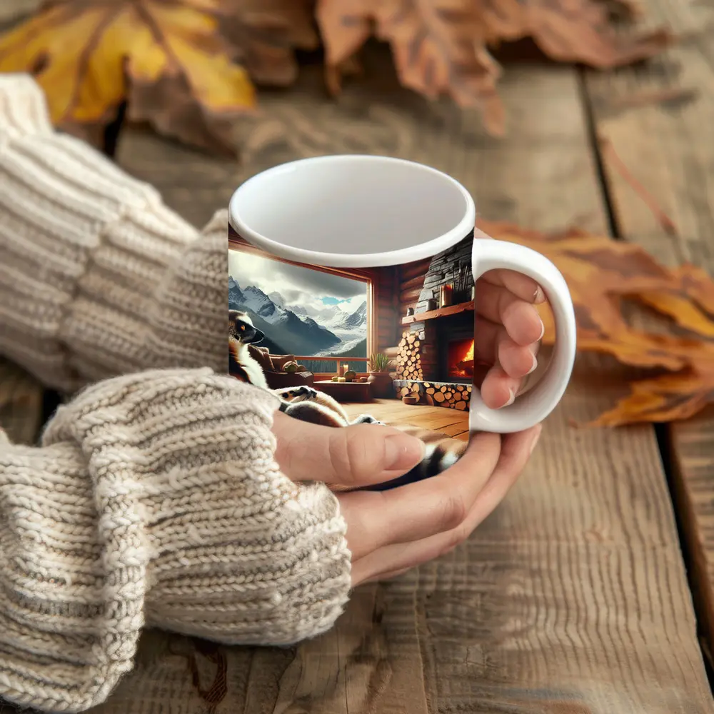 Ring Tailed Lemur Relaxing by Cabin Fireplace – Mugs