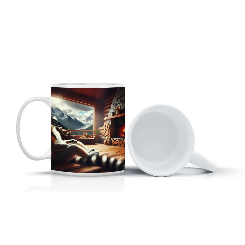 Ring Tailed Lemur Relaxing by Cabin Fireplace – Mugs