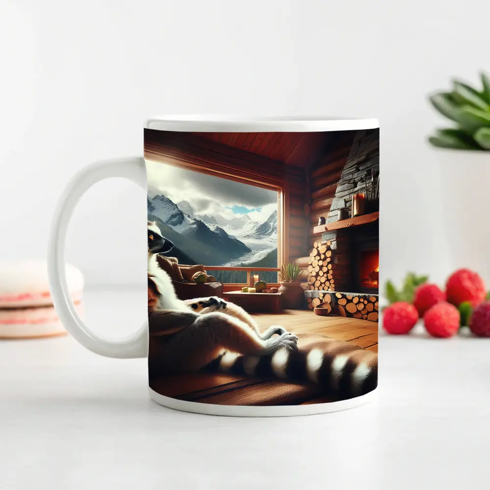 Ring Tailed Lemur Relaxing by Cabin Fireplace – Mugs