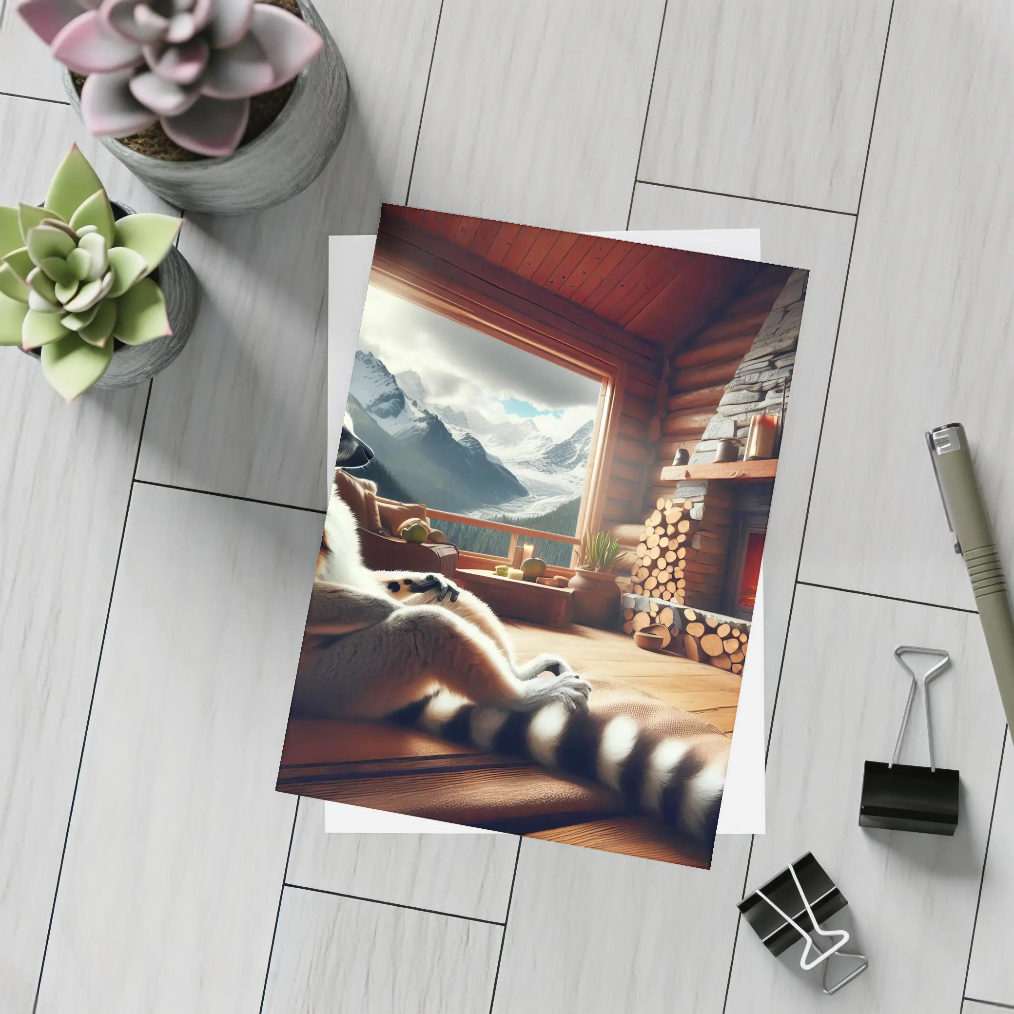 Ring Tailed Lemur Relaxing by Cabin Fireplace – Postcards