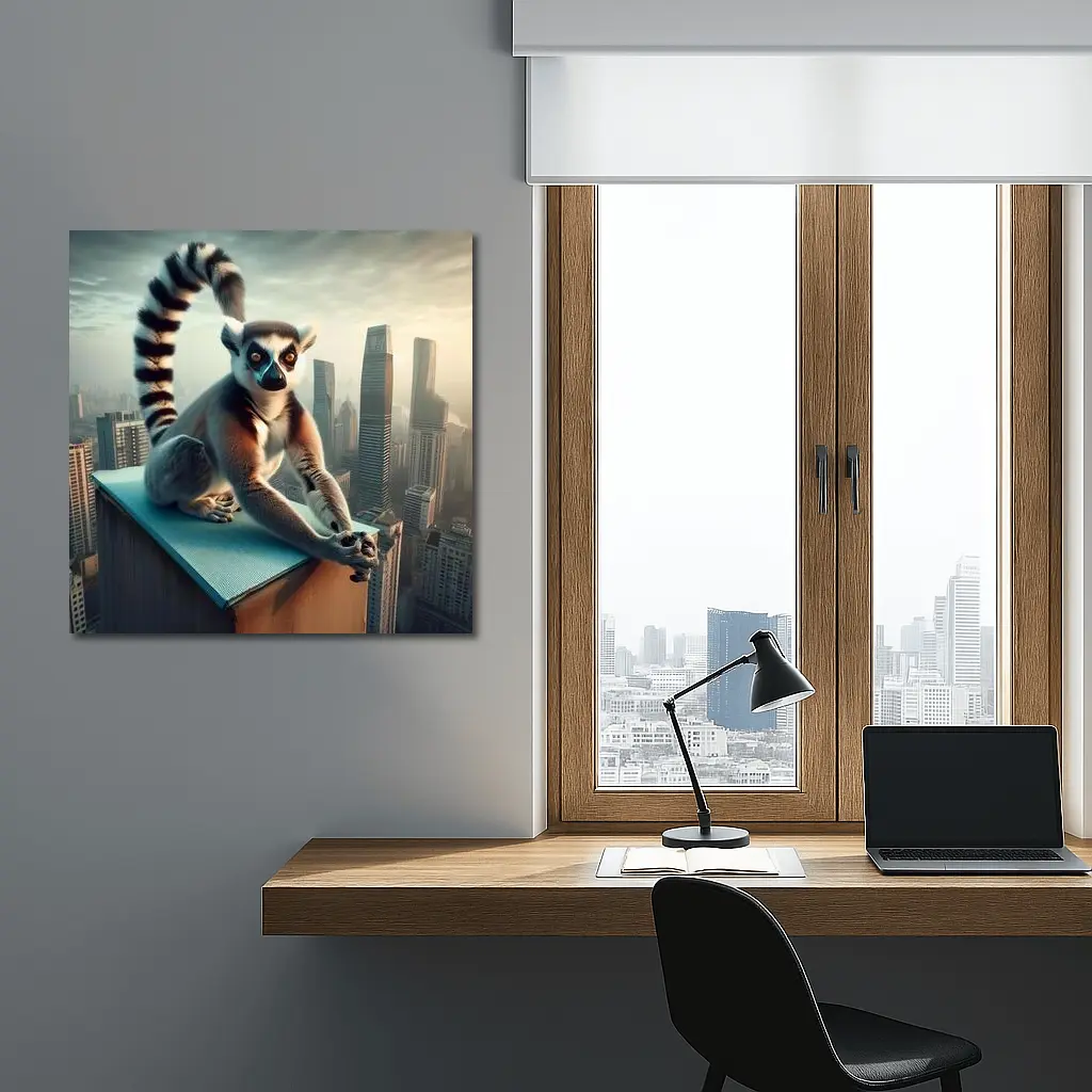 Ring Tailed Lemur Sitting City Skyline – Wall Art