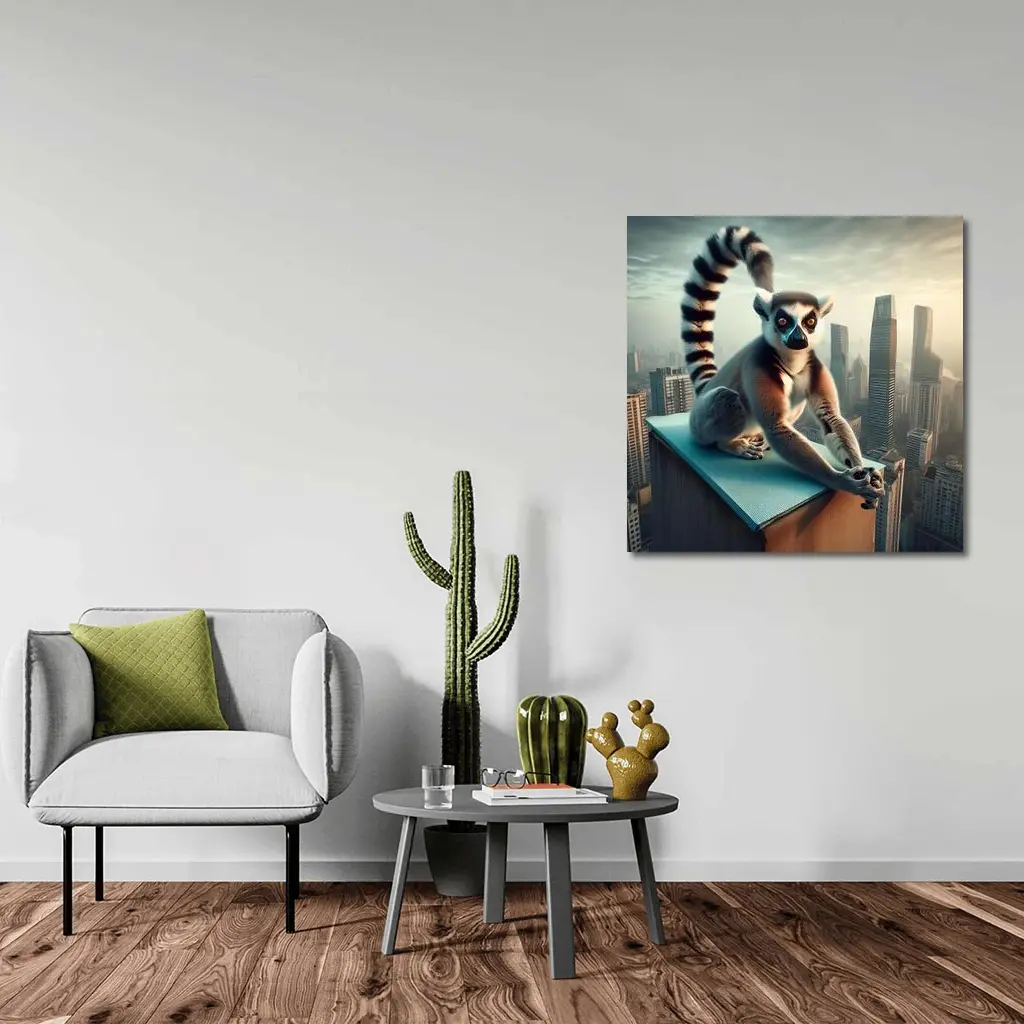 Ring Tailed Lemur Sitting City Skyline – Wall Art