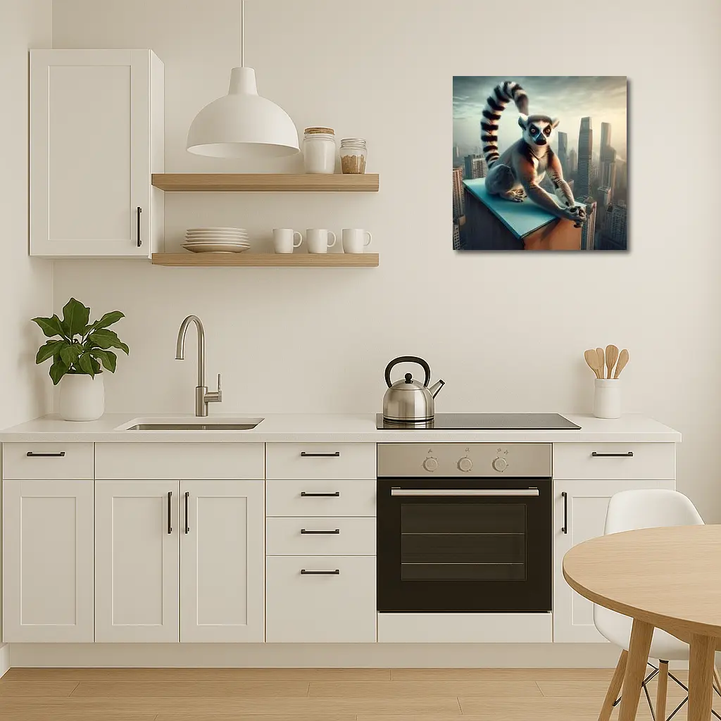 Ring Tailed Lemur Sitting City Skyline – Wall Art