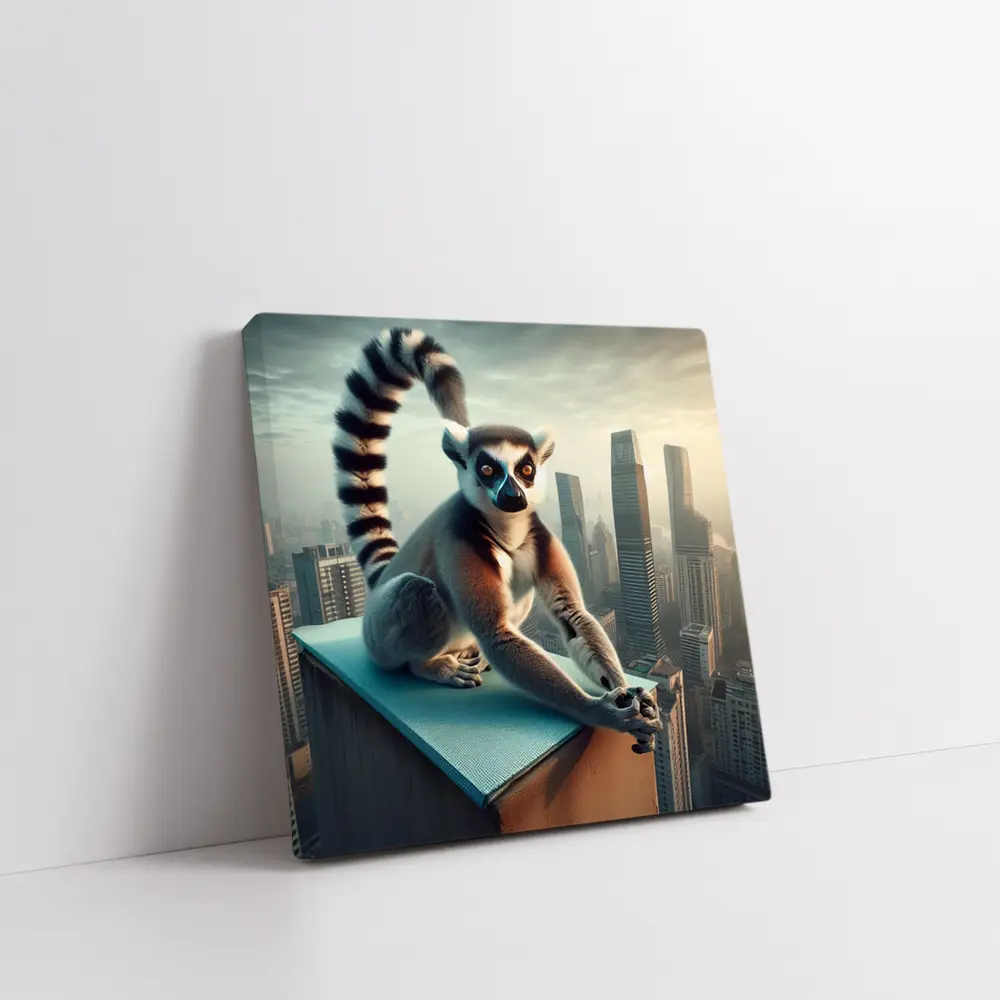 Ring Tailed Lemur Sitting City Skyline – Wall Art