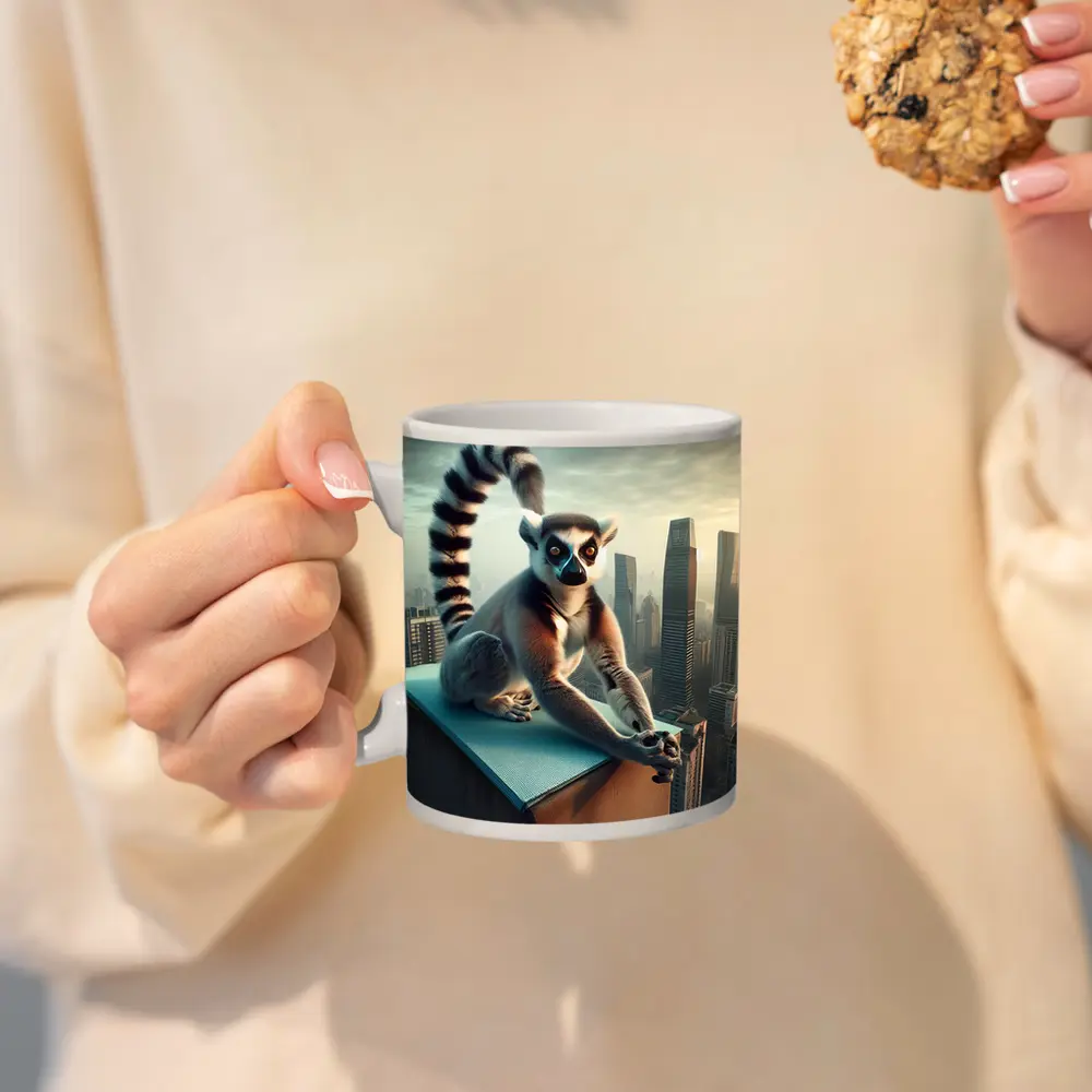 Ring Tailed Lemur Sitting City Skyline – Mugs