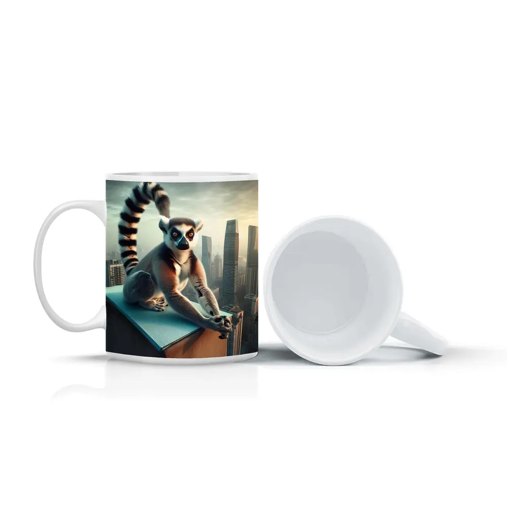 Ring Tailed Lemur Sitting City Skyline – Mugs