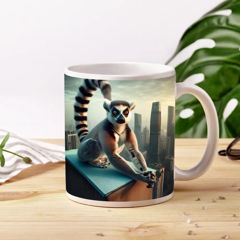 Ring Tailed Lemur Sitting City Skyline – Mugs