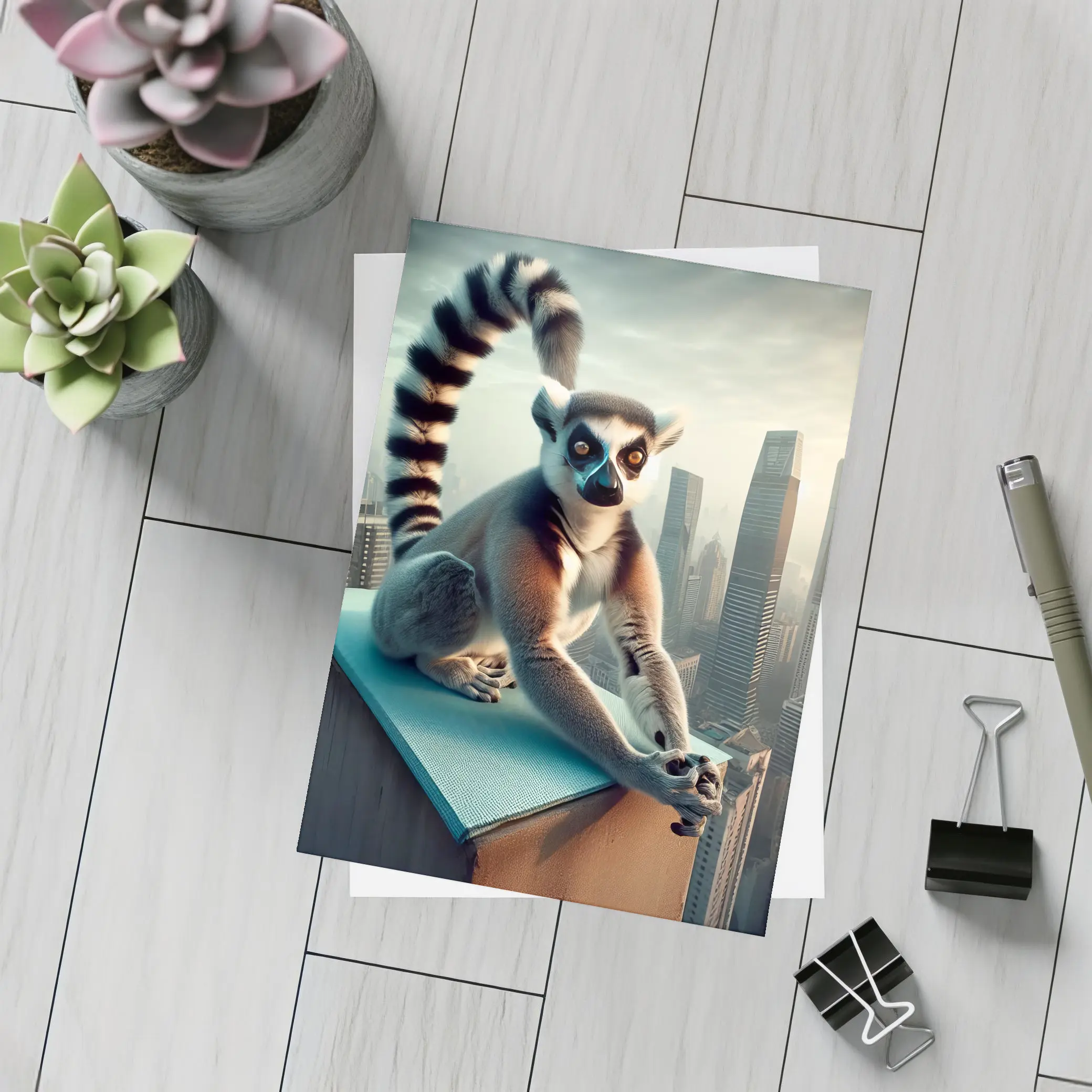 Ring Tailed Lemur Sitting City Skyline – Postcards