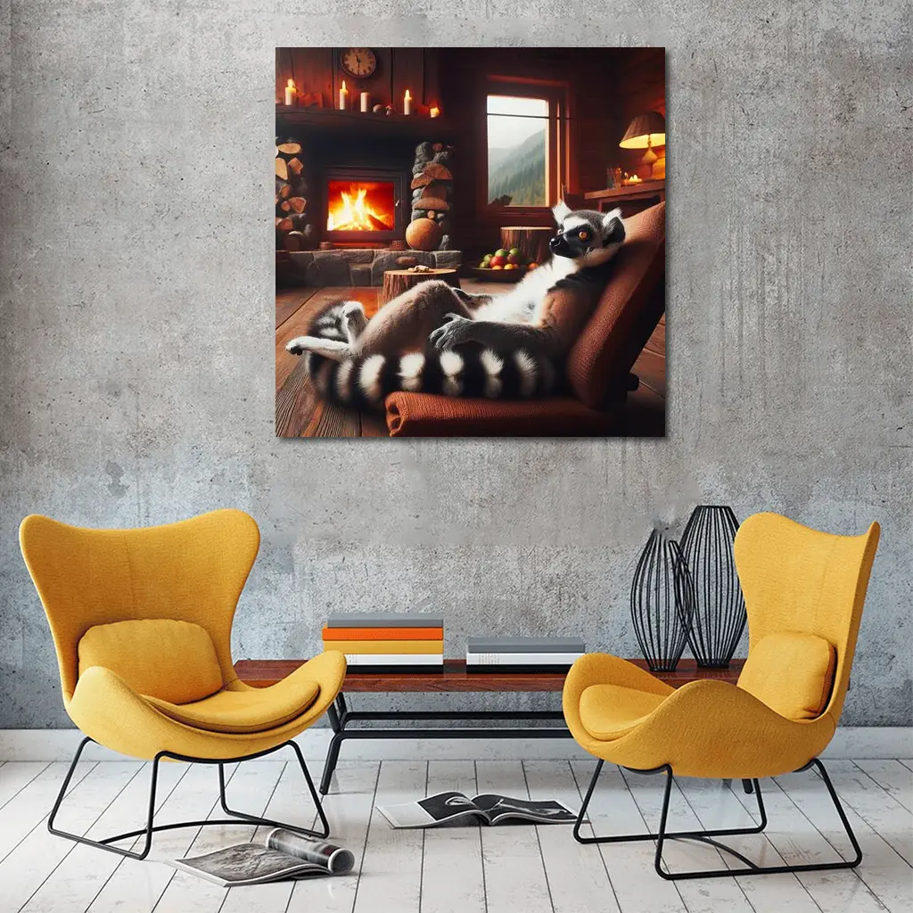 Ring Tailed Lemur Relaxing Cozy Cabin Fireplace – Wall Art
