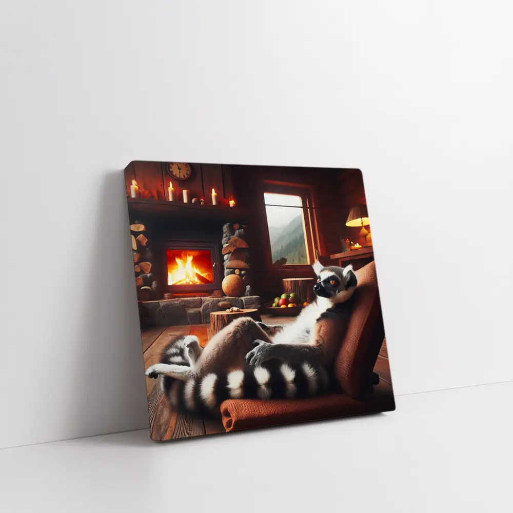 Ring Tailed Lemur Relaxing Cozy Cabin Fireplace – Wall Art