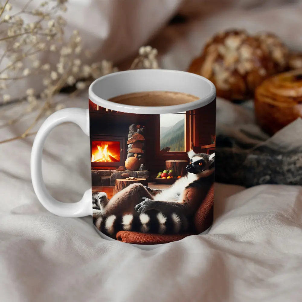 Ring Tailed Lemur Relaxing Cozy Cabin Fireplace – Mugs