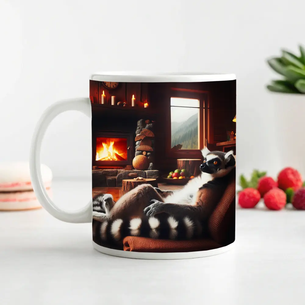 Ring Tailed Lemur Relaxing Cozy Cabin Fireplace – Mugs