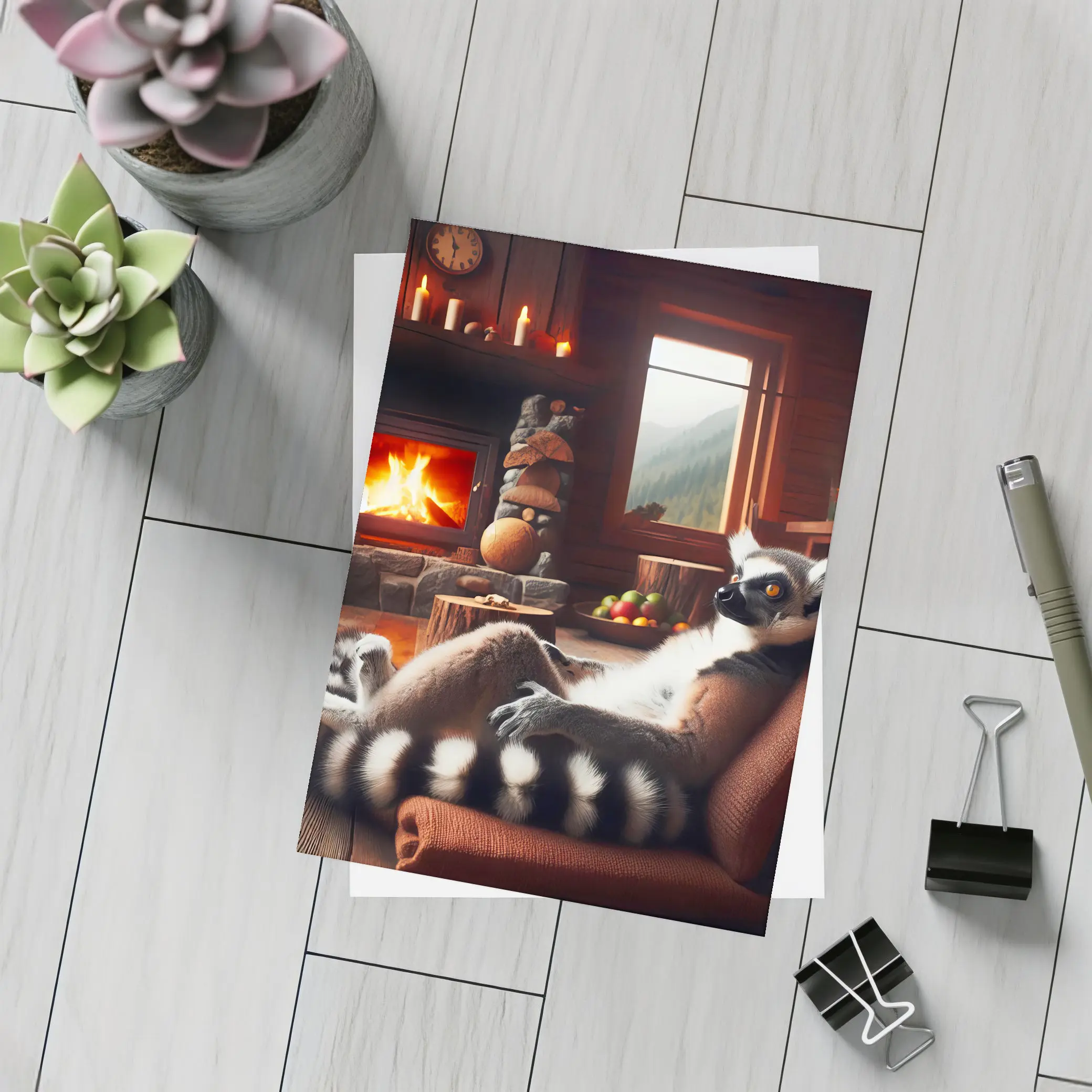 Ring Tailed Lemur Relaxing Cozy Cabin Fireplace – Postcards