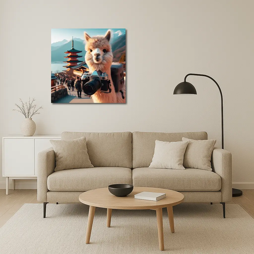 Alpaca Tourist Holding Camera Japan Pagoda – Wall Art