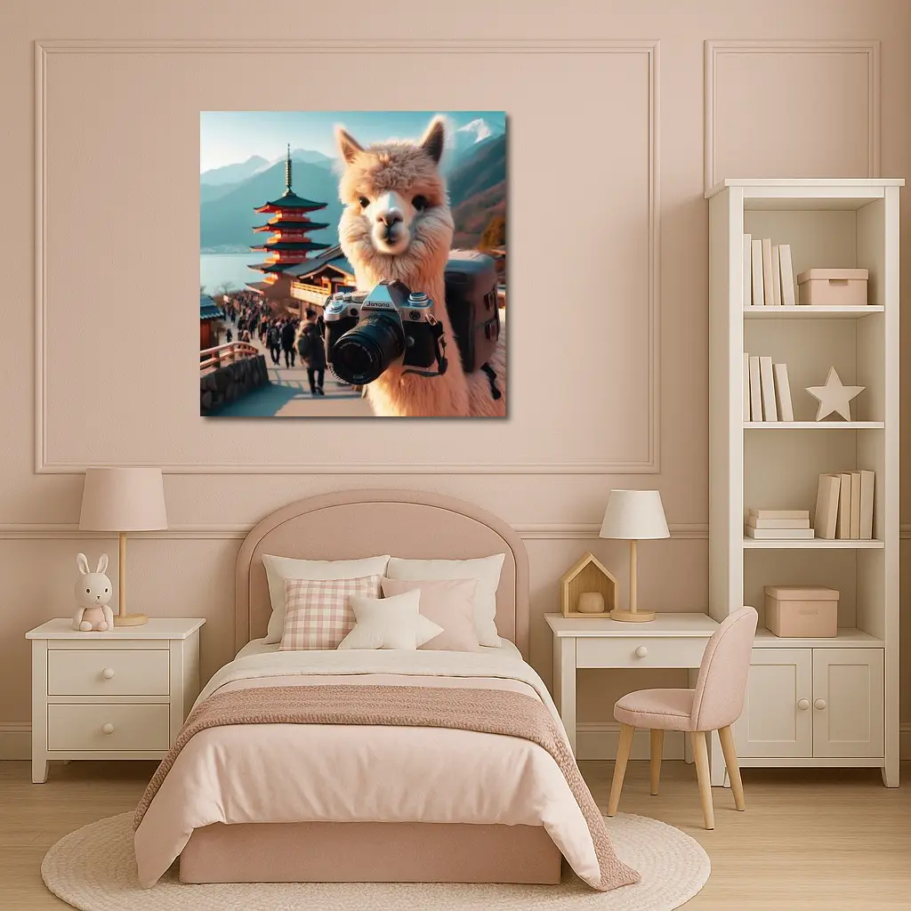 Alpaca Tourist Holding Camera Japan Pagoda – Wall Art