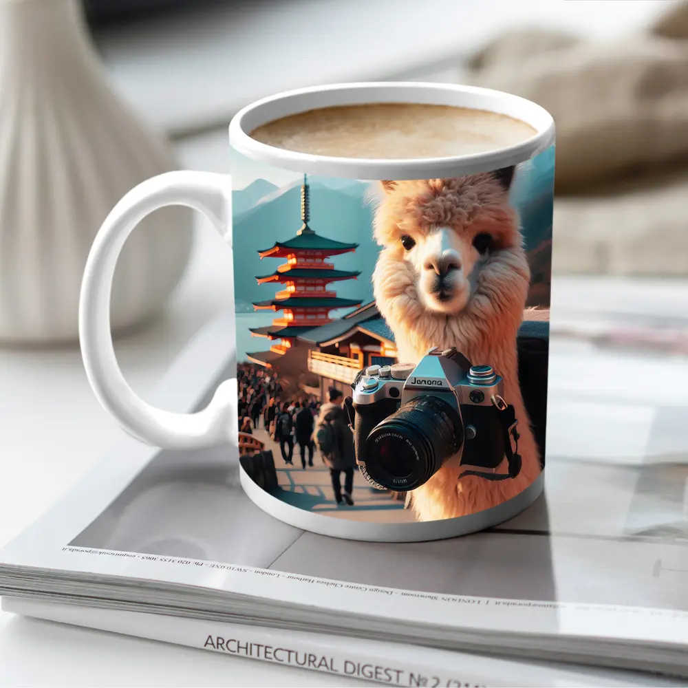 Alpaca Tourist Holding Camera Japan Pagoda – Mugs