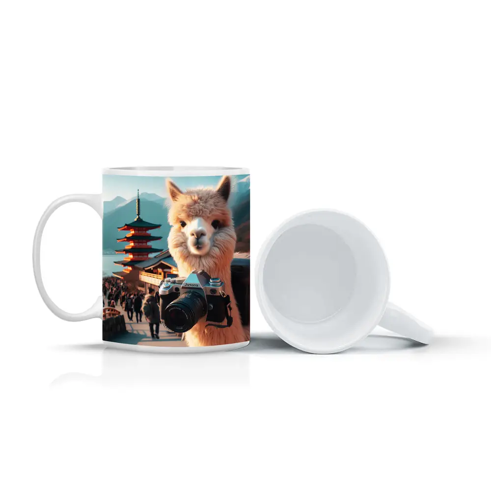 Alpaca Tourist Holding Camera Japan Pagoda – Mugs