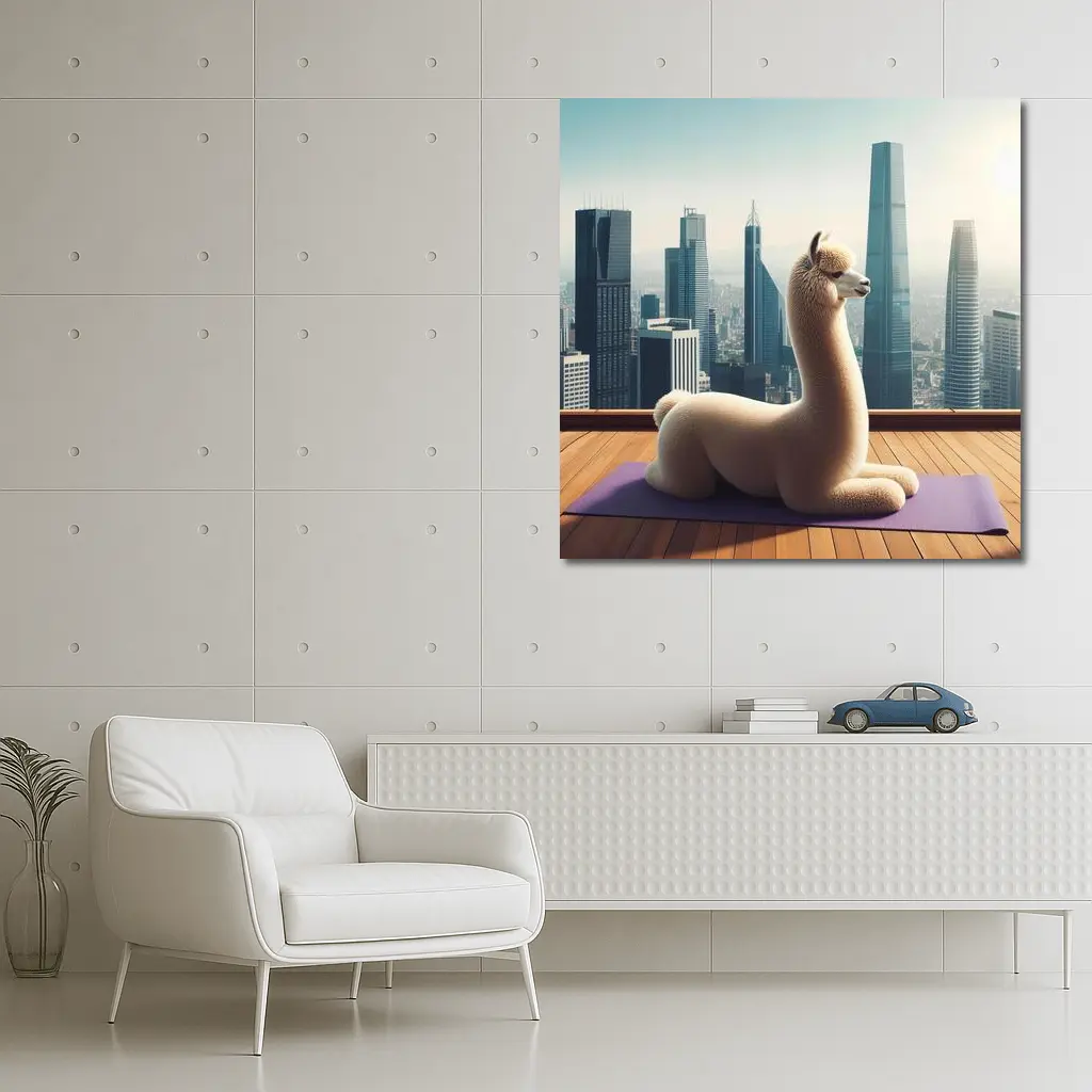Alpaca Doing Yoga City Skyline – Wall Art