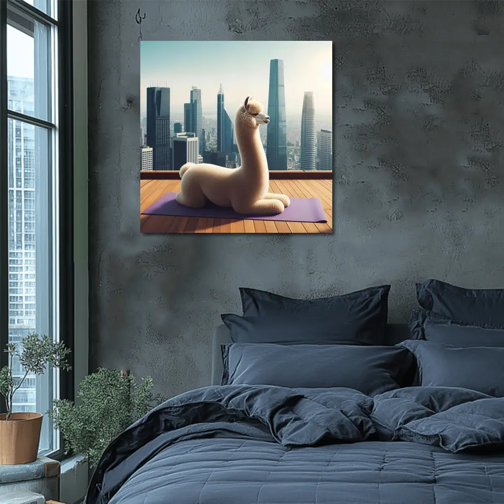 Alpaca Doing Yoga City Skyline – Wall Art