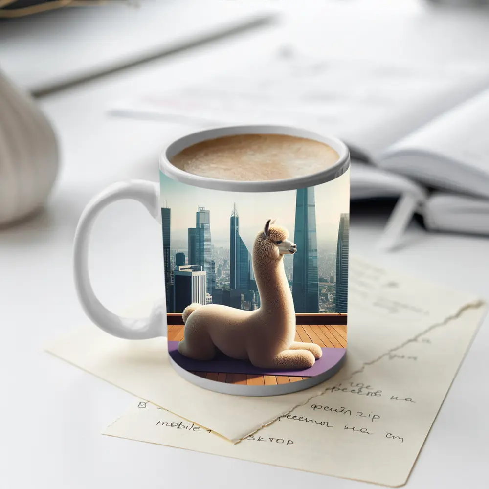Alpaca Doing Yoga City Skyline – Mugs
