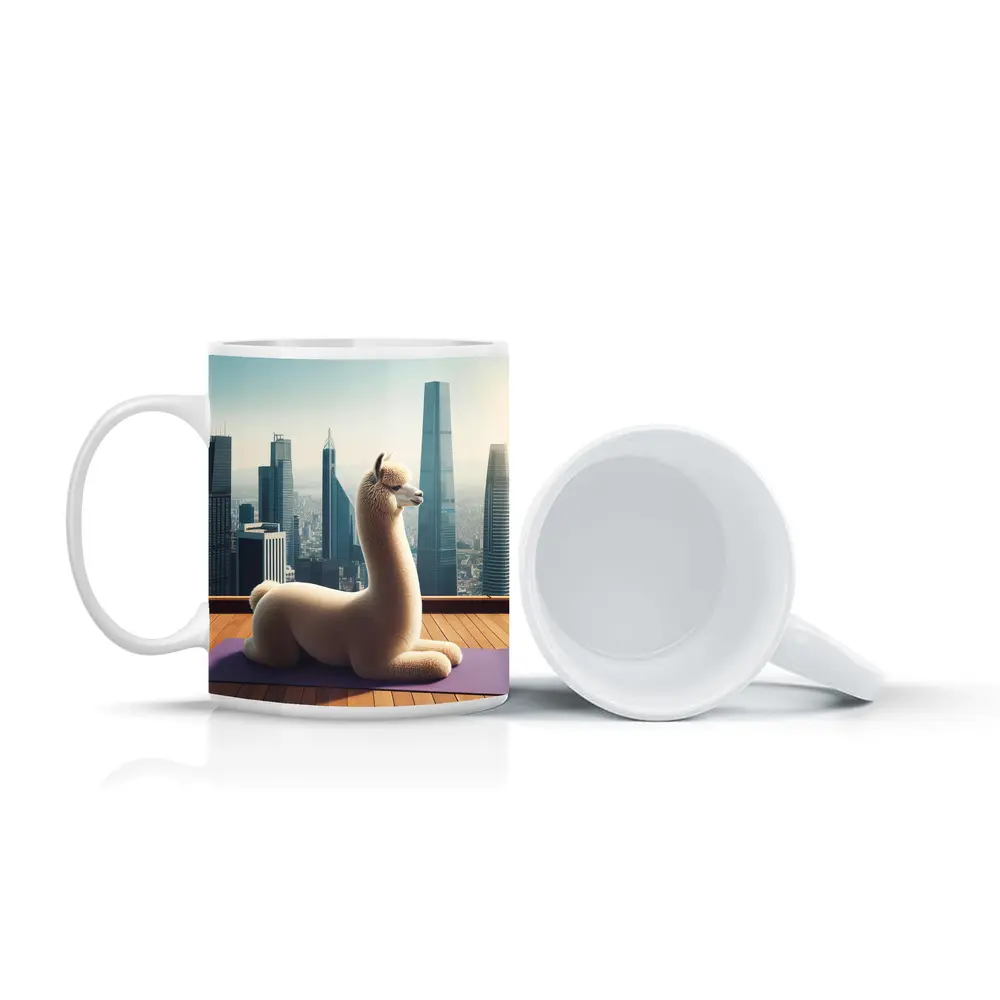 Alpaca Doing Yoga City Skyline – Mugs