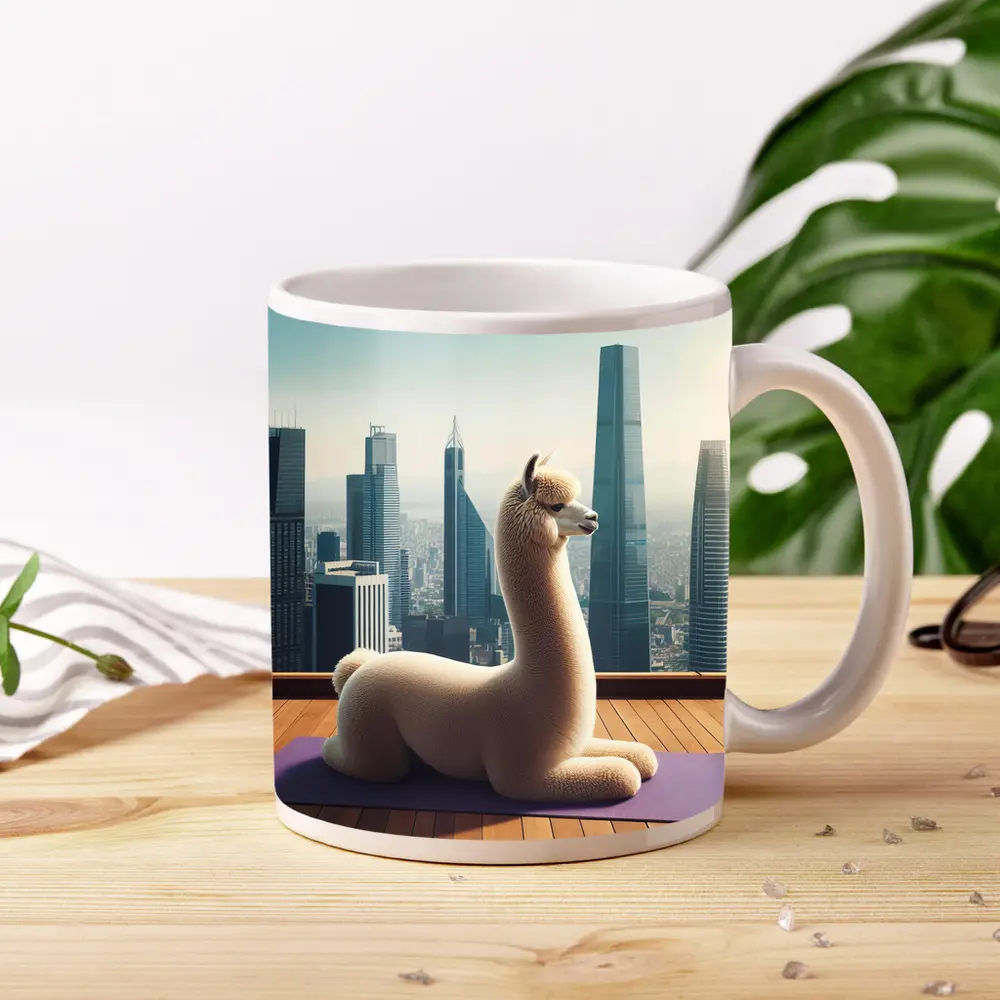 Alpaca Doing Yoga City Skyline – Mugs