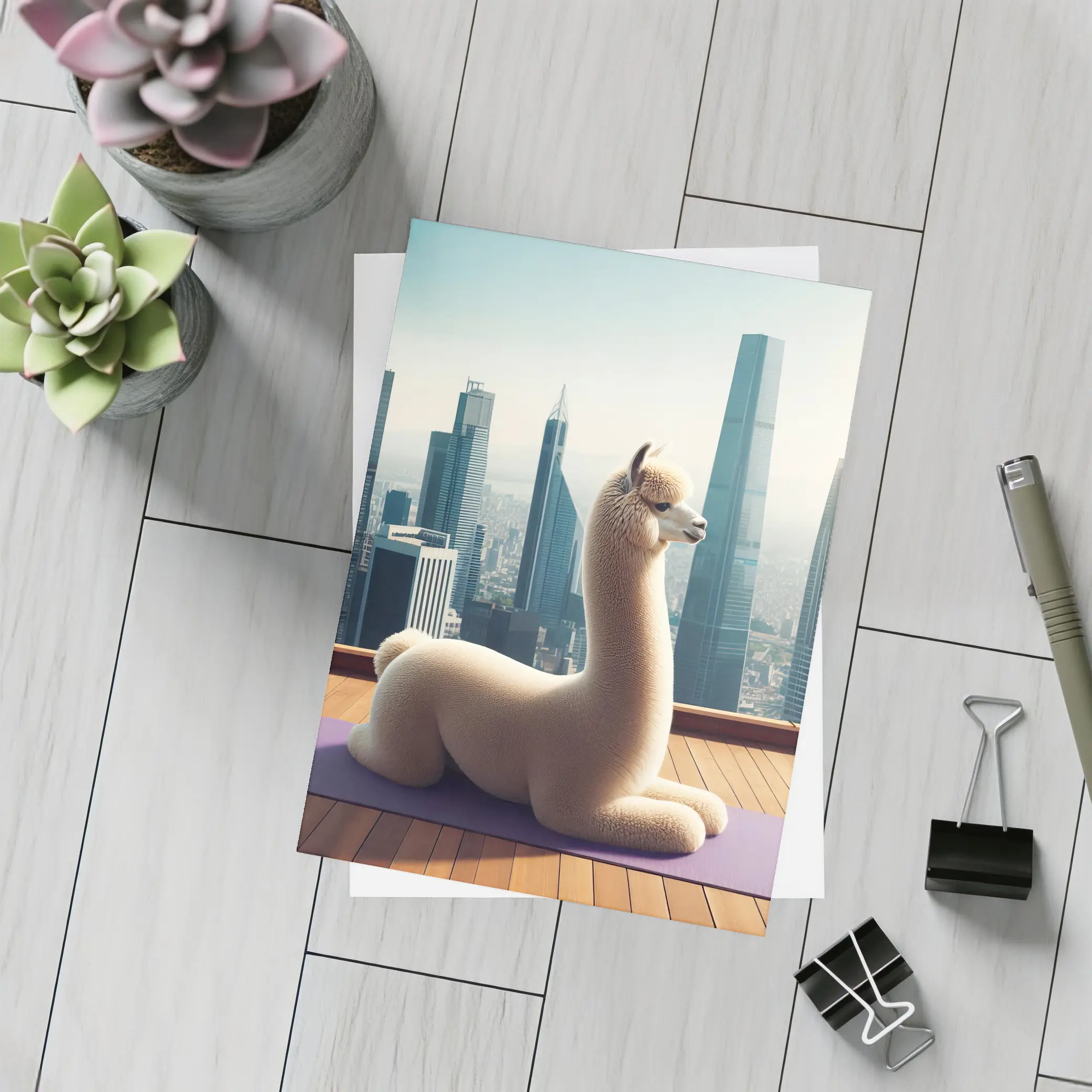 Alpaca Doing Yoga City Skyline – Postcards
