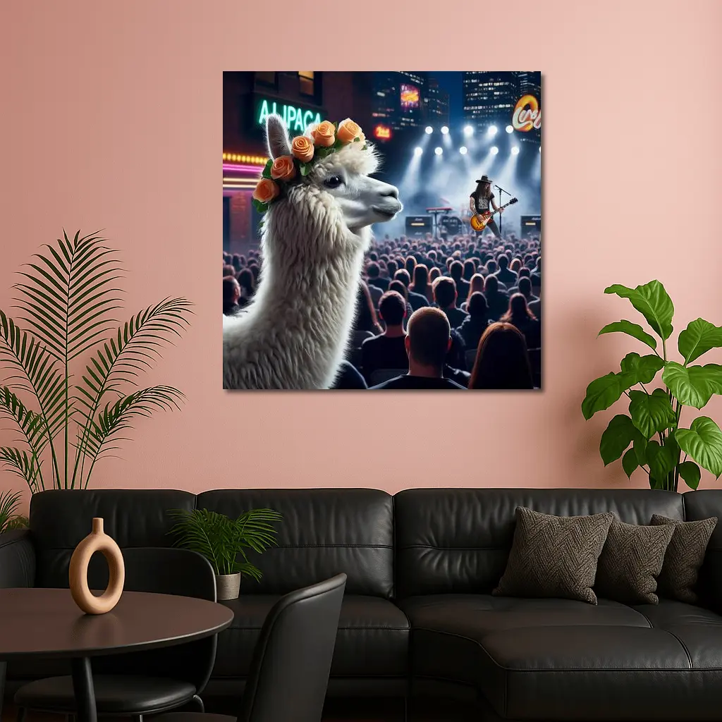 Alpaca With Roses At Rock Concert – Wall Art