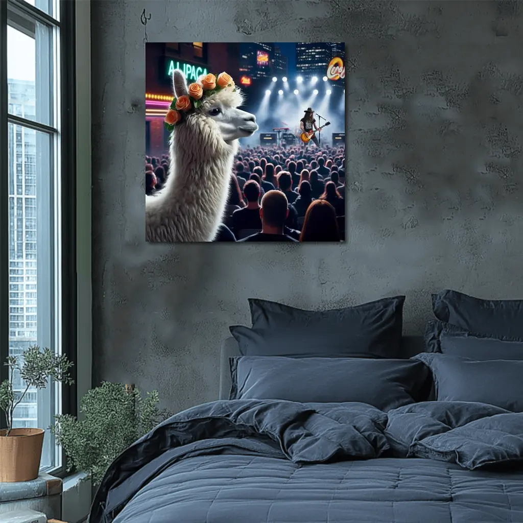 Alpaca With Roses At Rock Concert – Wall Art