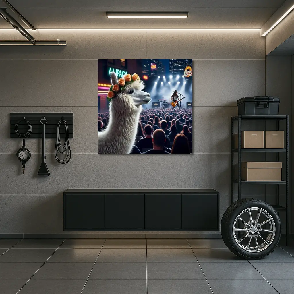 Alpaca With Roses At Rock Concert – Wall Art