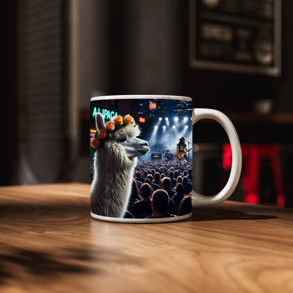 Alpaca With Roses At Rock Concert – Mugs