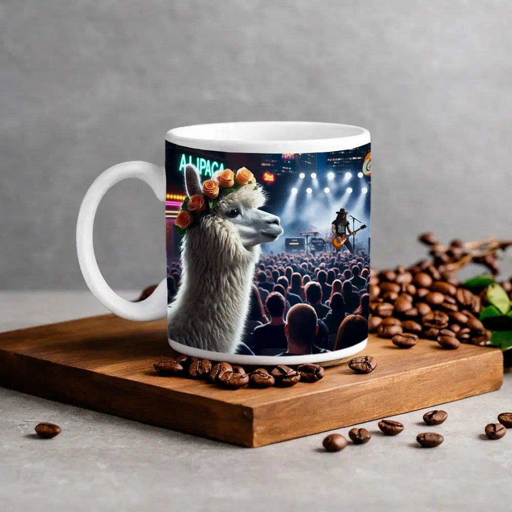 Alpaca With Roses At Rock Concert – Mugs