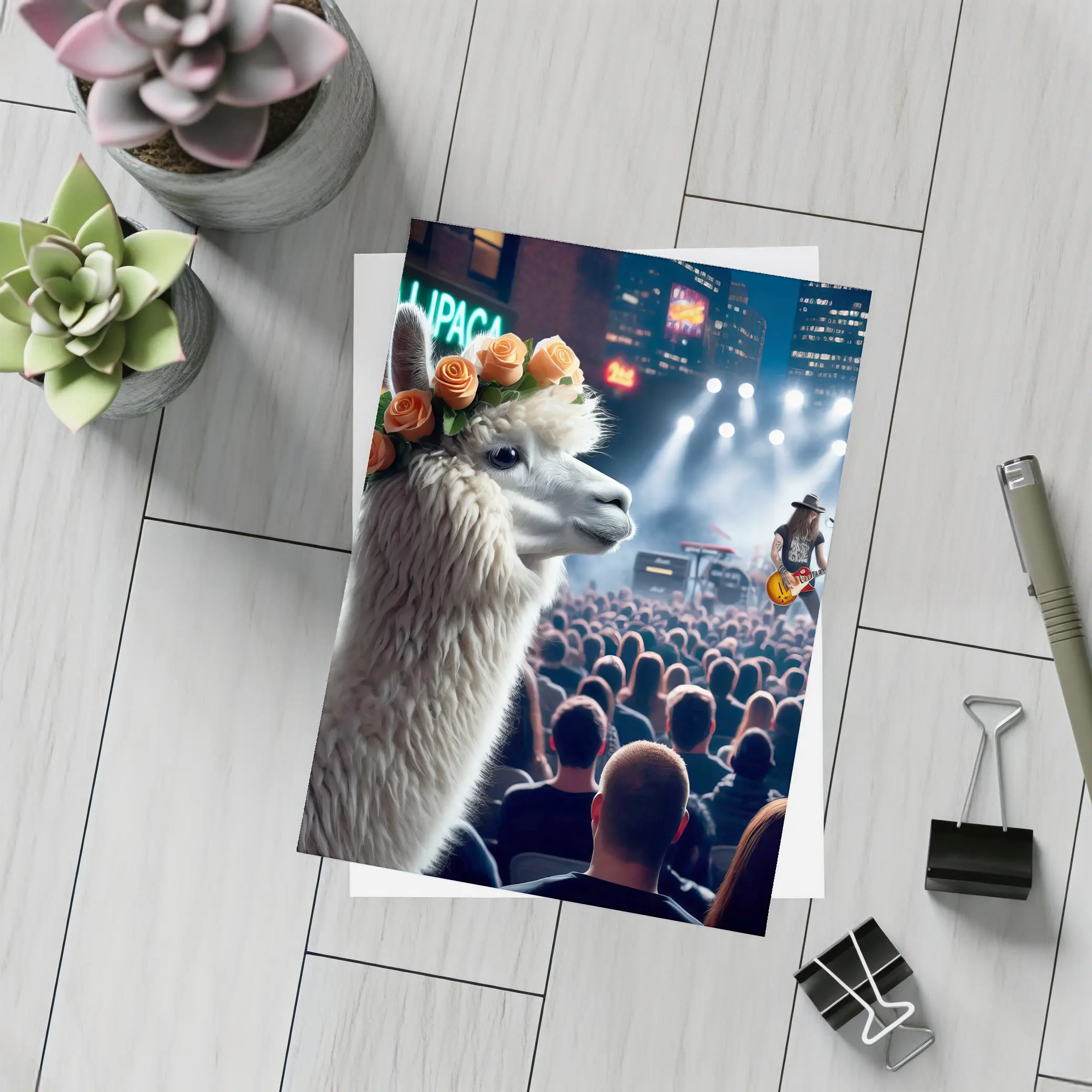 Alpaca With Roses At Rock Concert – Postcards