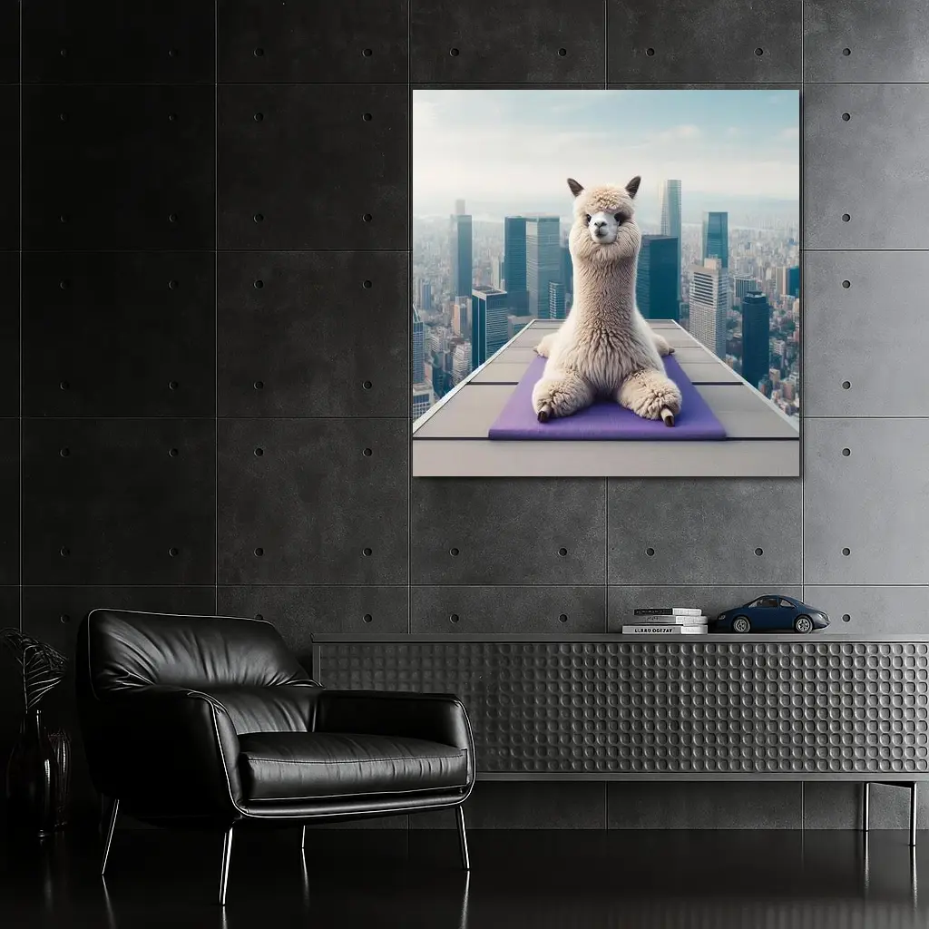 Alpaca Doing Yoga City Skyline – Wall Art