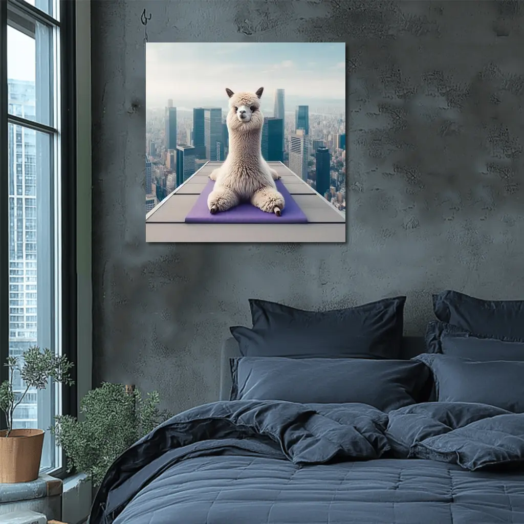 Alpaca Doing Yoga City Skyline – Wall Art