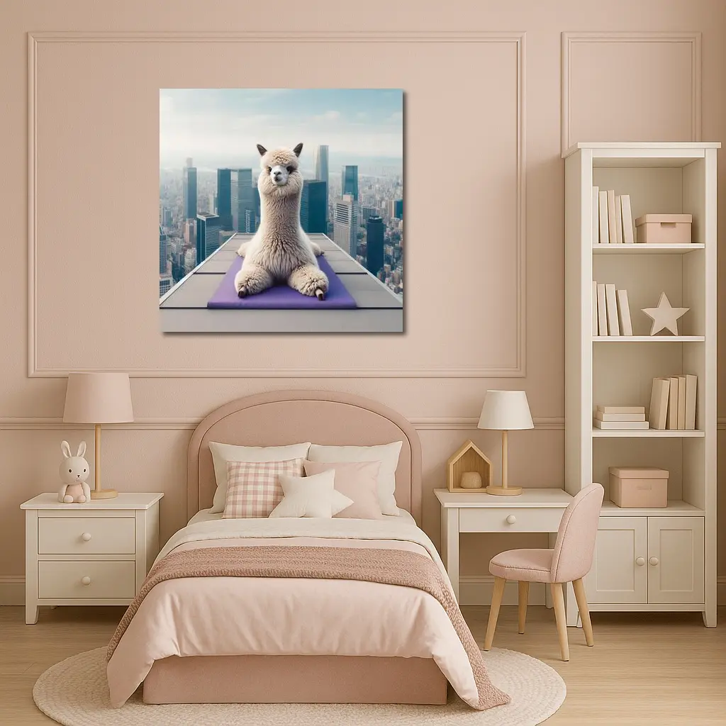 Alpaca Doing Yoga City Skyline – Wall Art