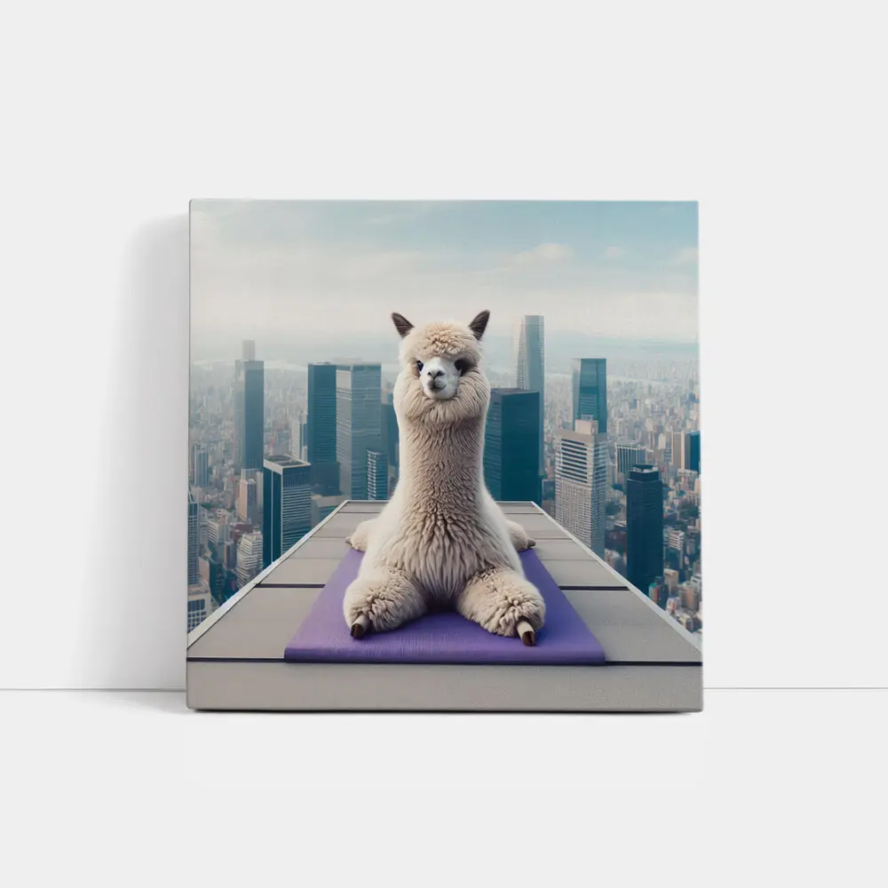 Alpaca Doing Yoga City Skyline – Wall Art