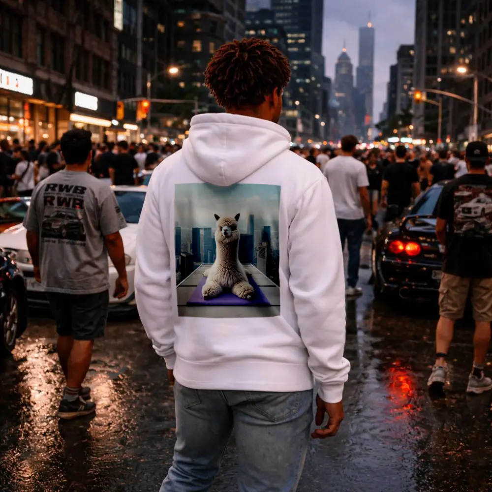 Alpaca Doing Yoga City Skyline – Hoodies