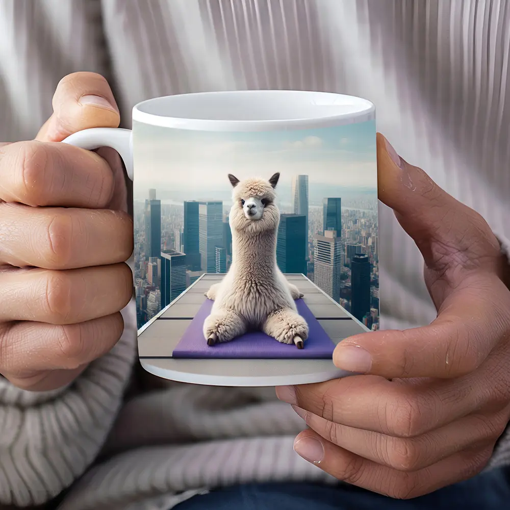 Alpaca Doing Yoga City Skyline – Mugs