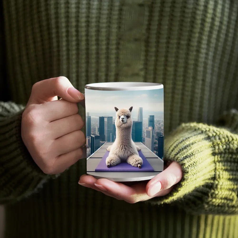 Alpaca Doing Yoga City Skyline – Mugs