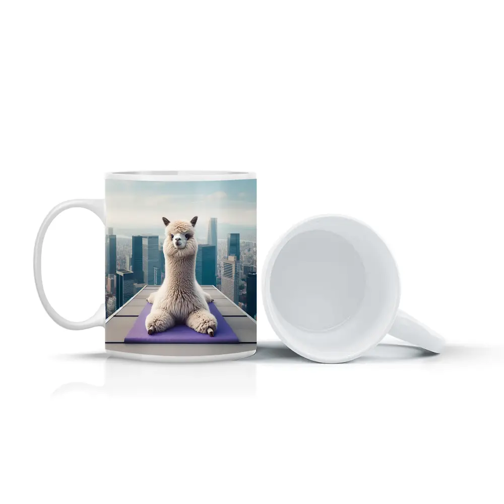 Alpaca Doing Yoga City Skyline – Mugs