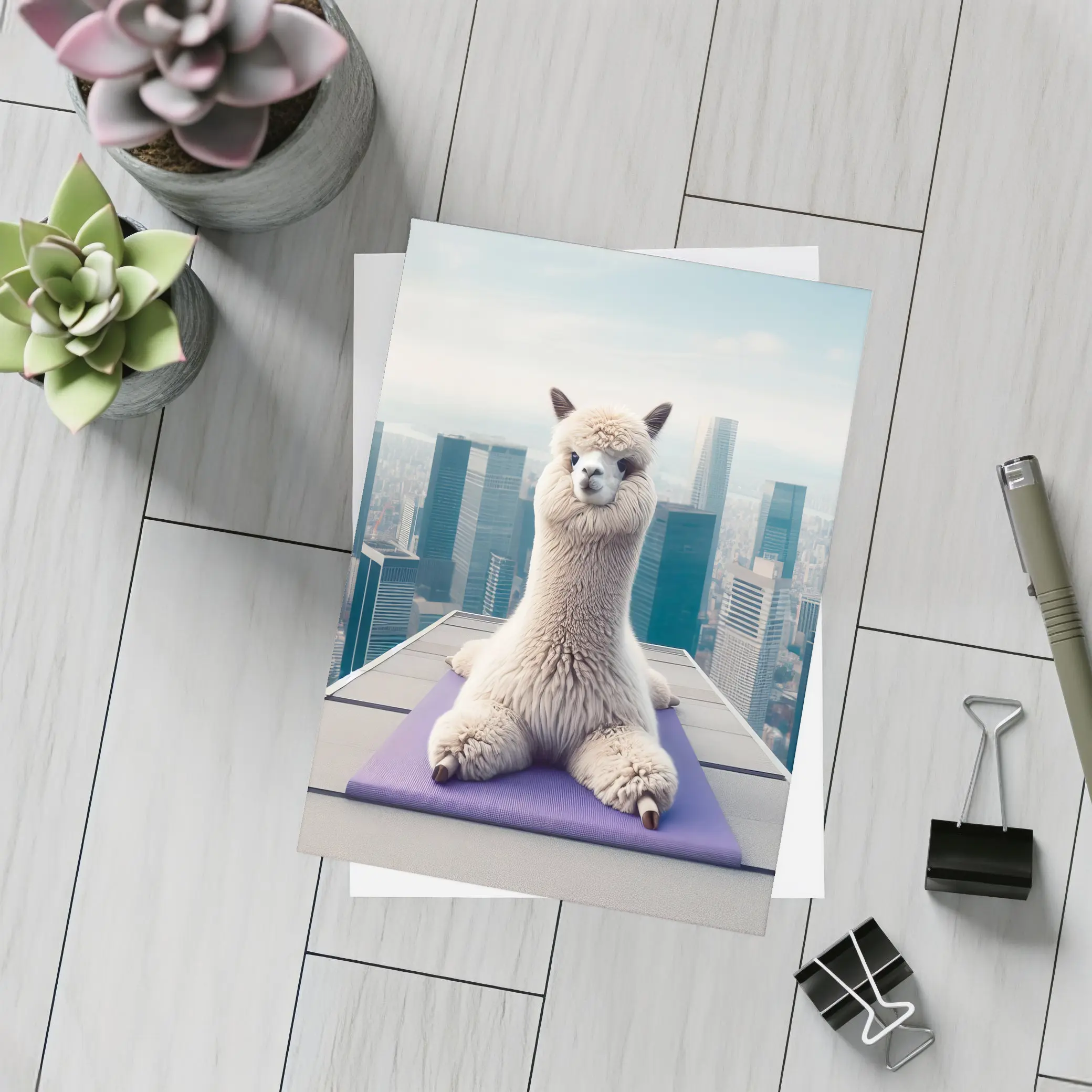 Alpaca Doing Yoga City Skyline – Postcards