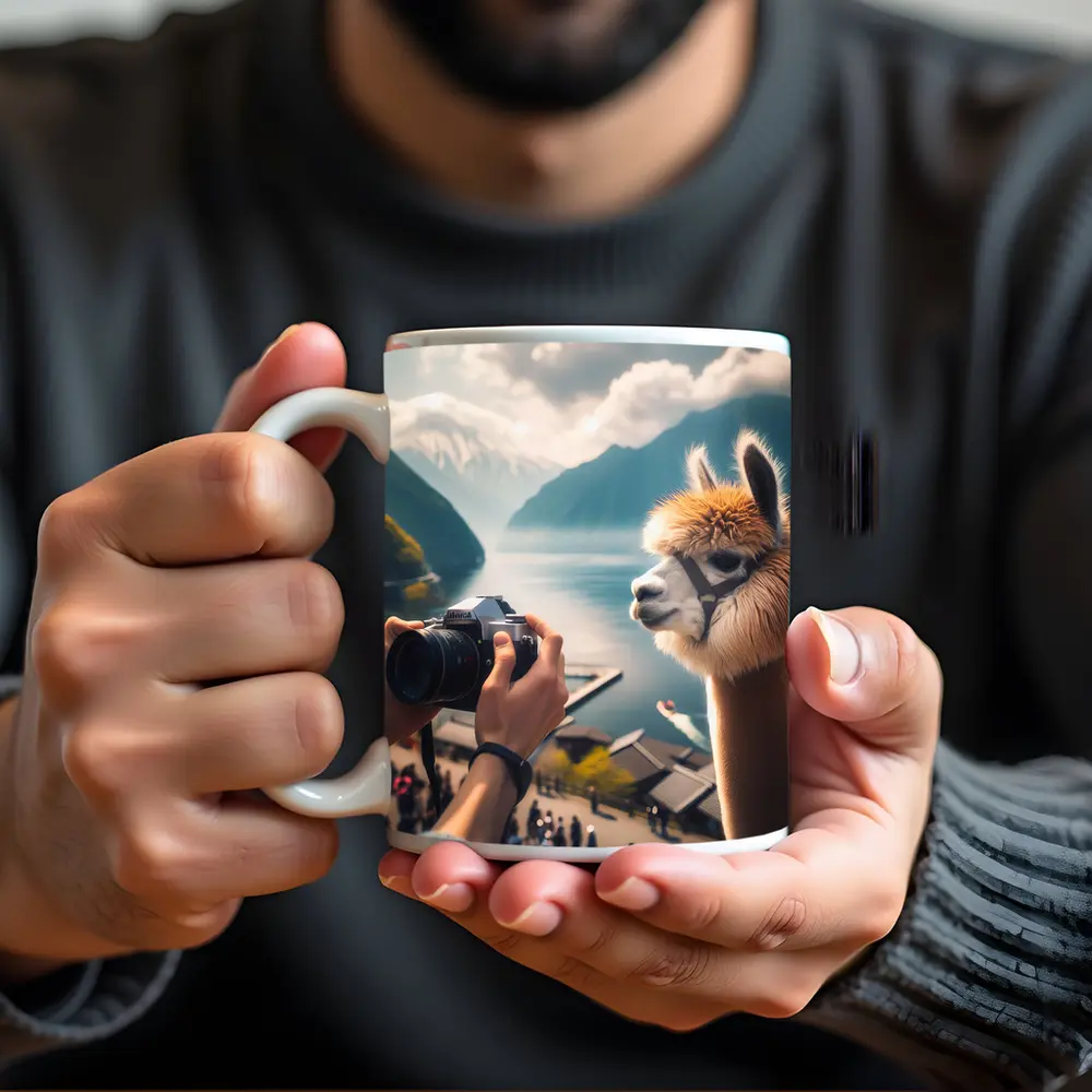 Alpaca Being Photographed Mountain Lake Background – Mugs