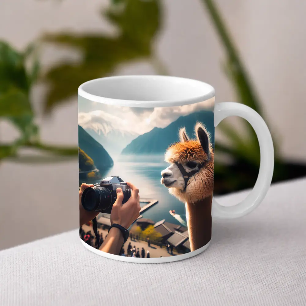 Alpaca Being Photographed Mountain Lake Background – Mugs