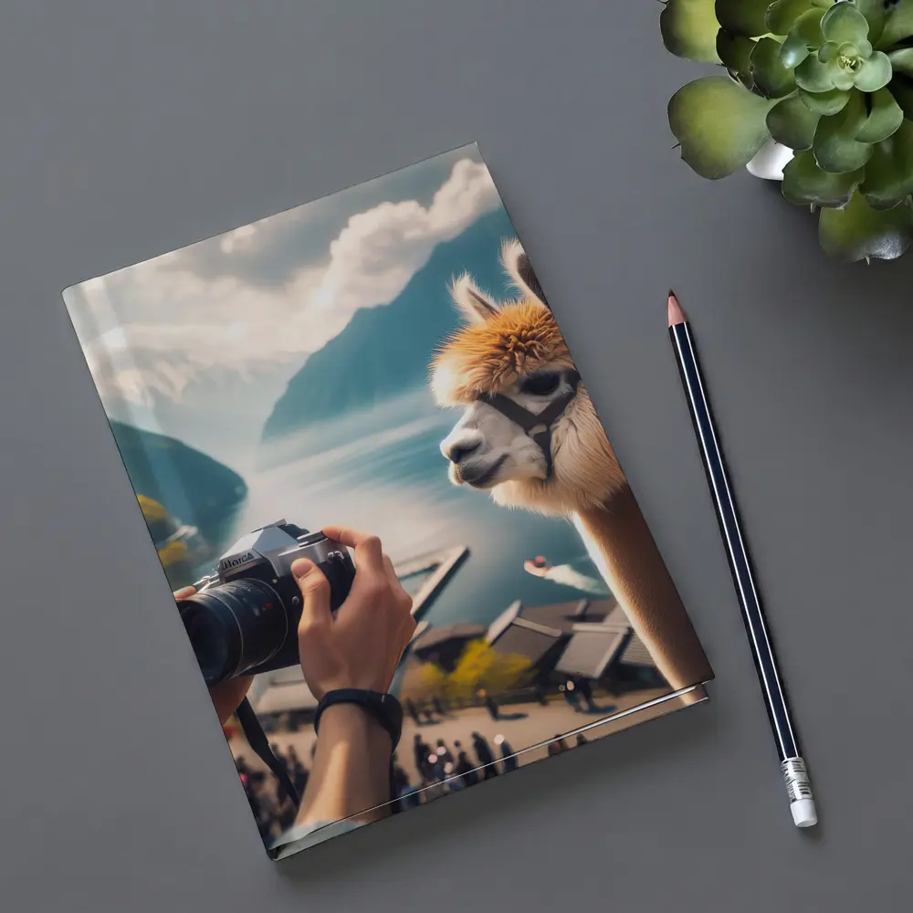 Alpaca Being Photographed Mountain Lake Background – Notebooks