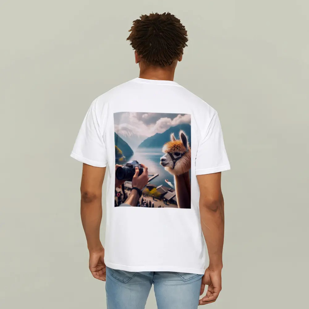 Alpaca Being Photographed Mountain Lake Background – T-Shirts