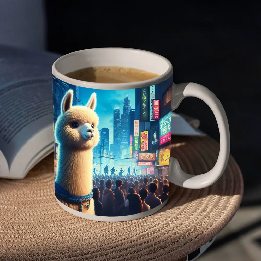 Alpaca Llama Neon City Street Night – Mugs