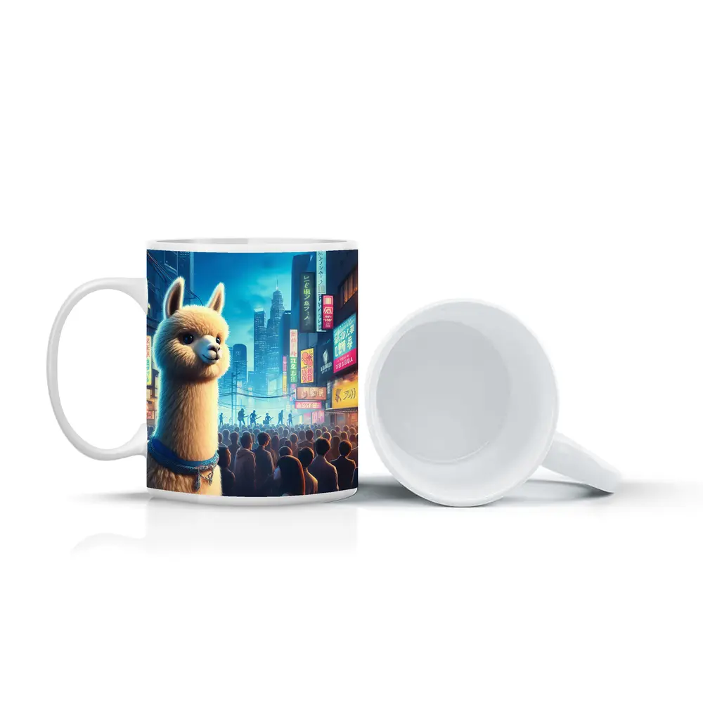 Alpaca Llama Neon City Street Night – Mugs
