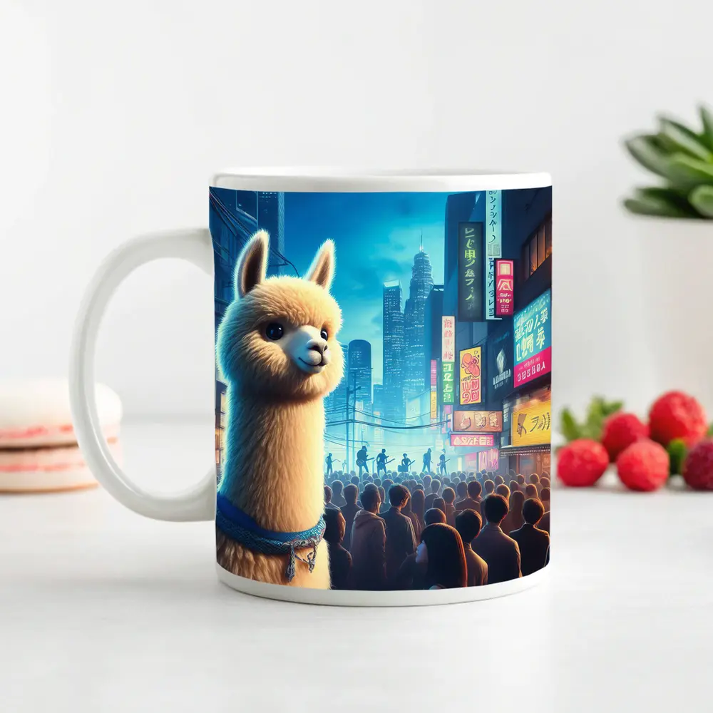 Alpaca Llama Neon City Street Night – Mugs
